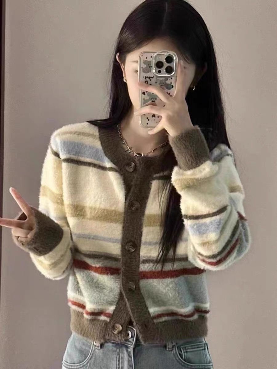 Plus size fat sister candy color striped sweater cardigan women's spring, autumn and winter new mink velvet sweater jacket top