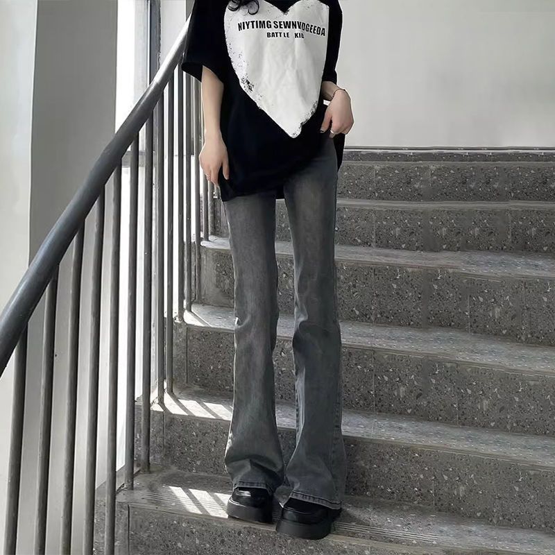 美式黑灰色微喇叭褲女秋冬季新款高腰顯瘦辣妹修身牛仔長褲子百搭