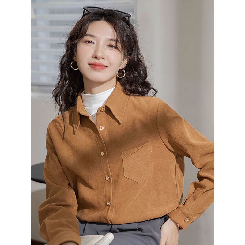 法式復古純色氣質襯衫秋新款長袖美拉德設計感簡約通勤長袖上衣女