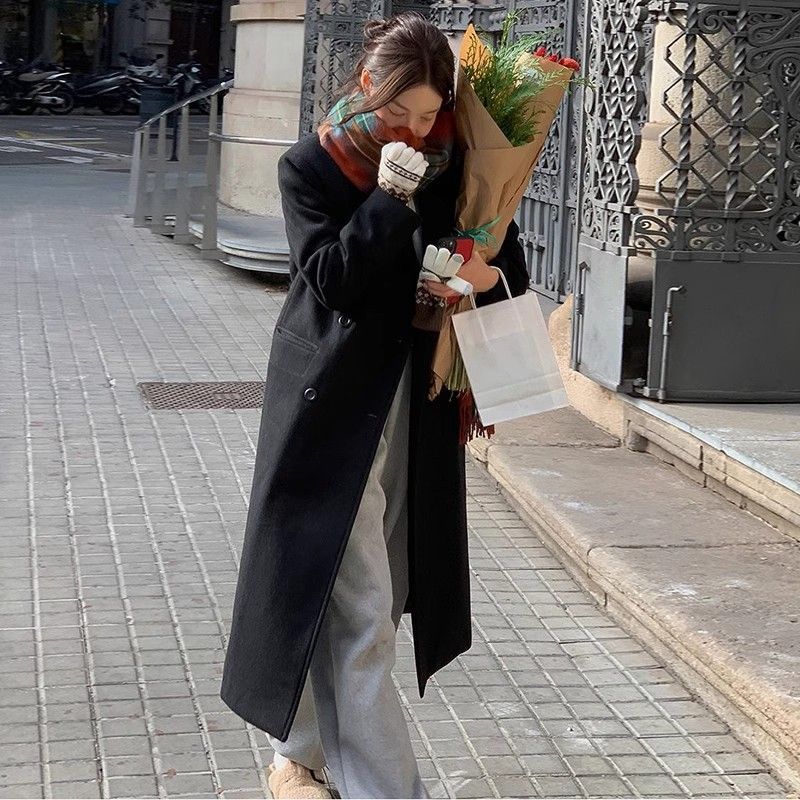 長款黑色毛呢外套女韓系冬天秋冬呢子大衣冬季加厚赫本風2023新款