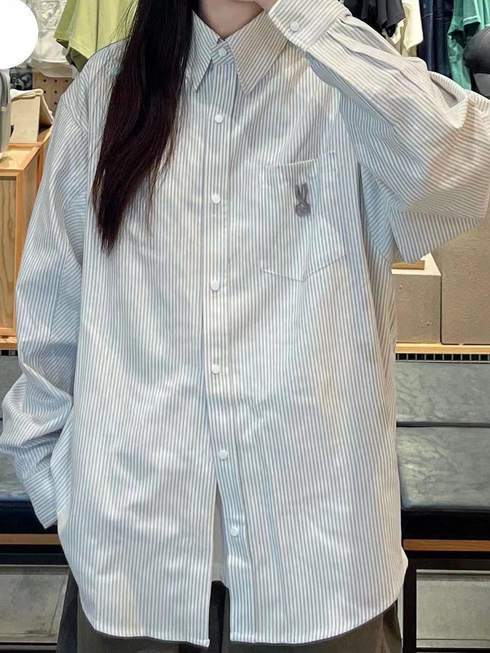 深灰色條紋襯衫外套女2023春秋款寬鬆百搭顯瘦長袖襯衣外搭開衫潮