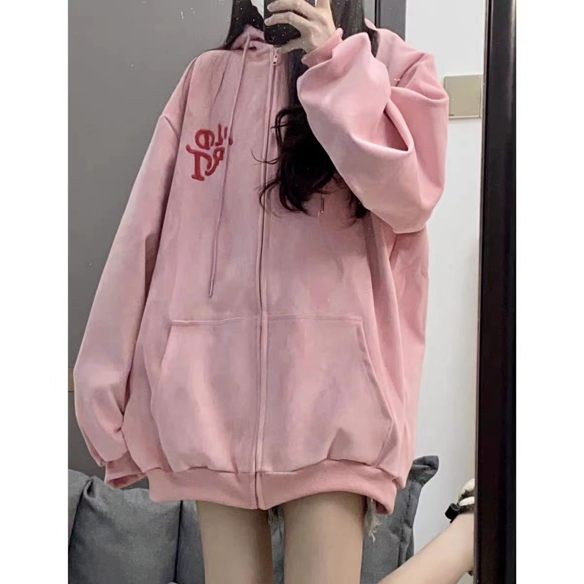 Heavy cotton cute pink little devil horn hooded cardigan sweatshirt for women spring and autumn lazy style zipper jacket