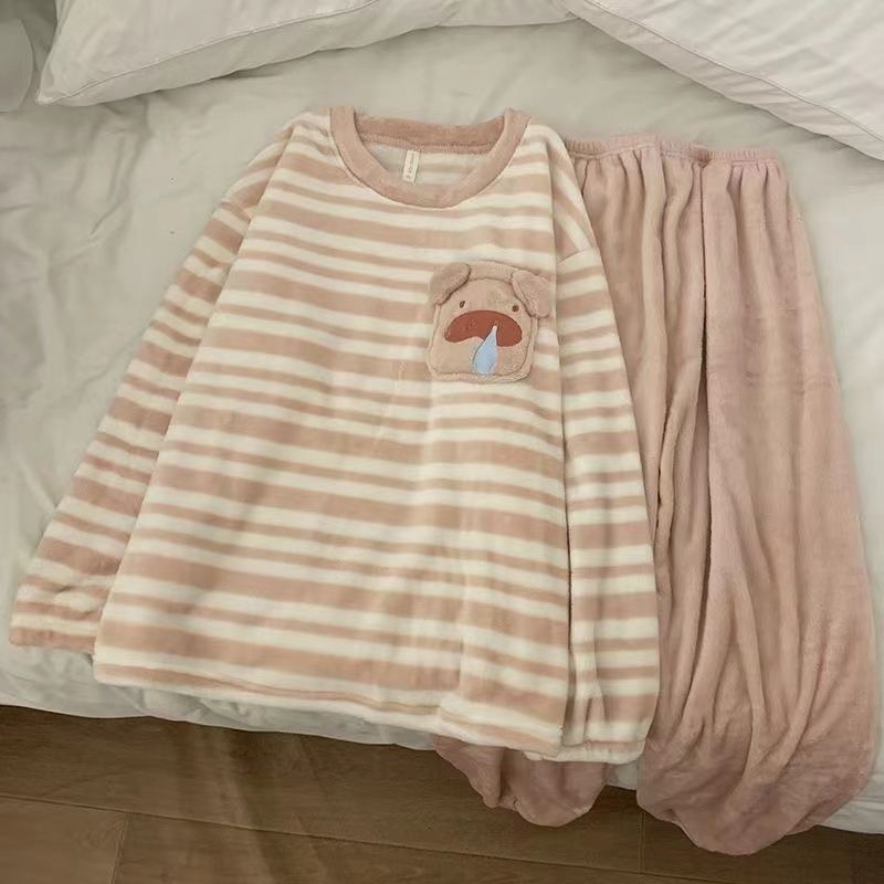 睡衣女秋冬季珊瑚絨2023新款甜美卡通加厚可愛小豬家居服加絨套裝
