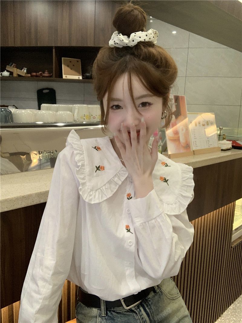 French sweet embroidery doll collar long-sleeved shirt women's  autumn new design niche chic top