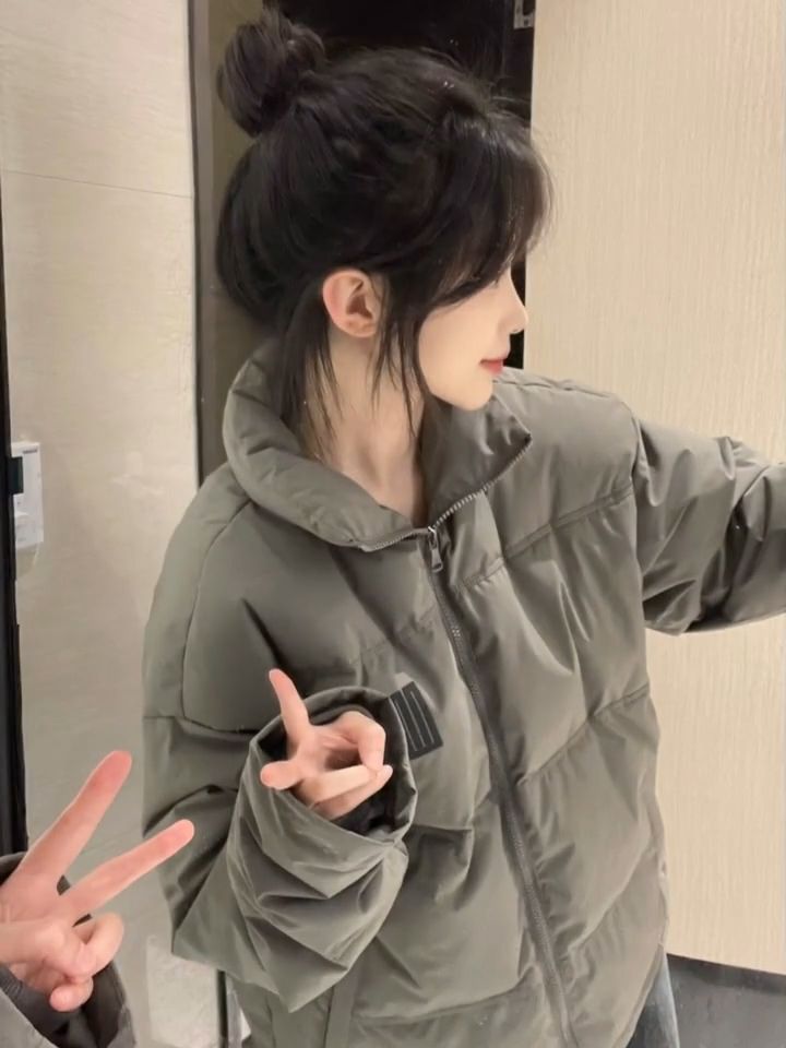 Gray printed stand-up collar cotton jacket for female students in winter, sweet college style, loose and versatile bread coat trend