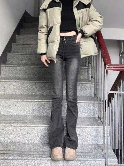 煙灰色微喇牛仔褲女秋冬新款高腰顯瘦彈力辣妹喇叭拖地褲子ins潮