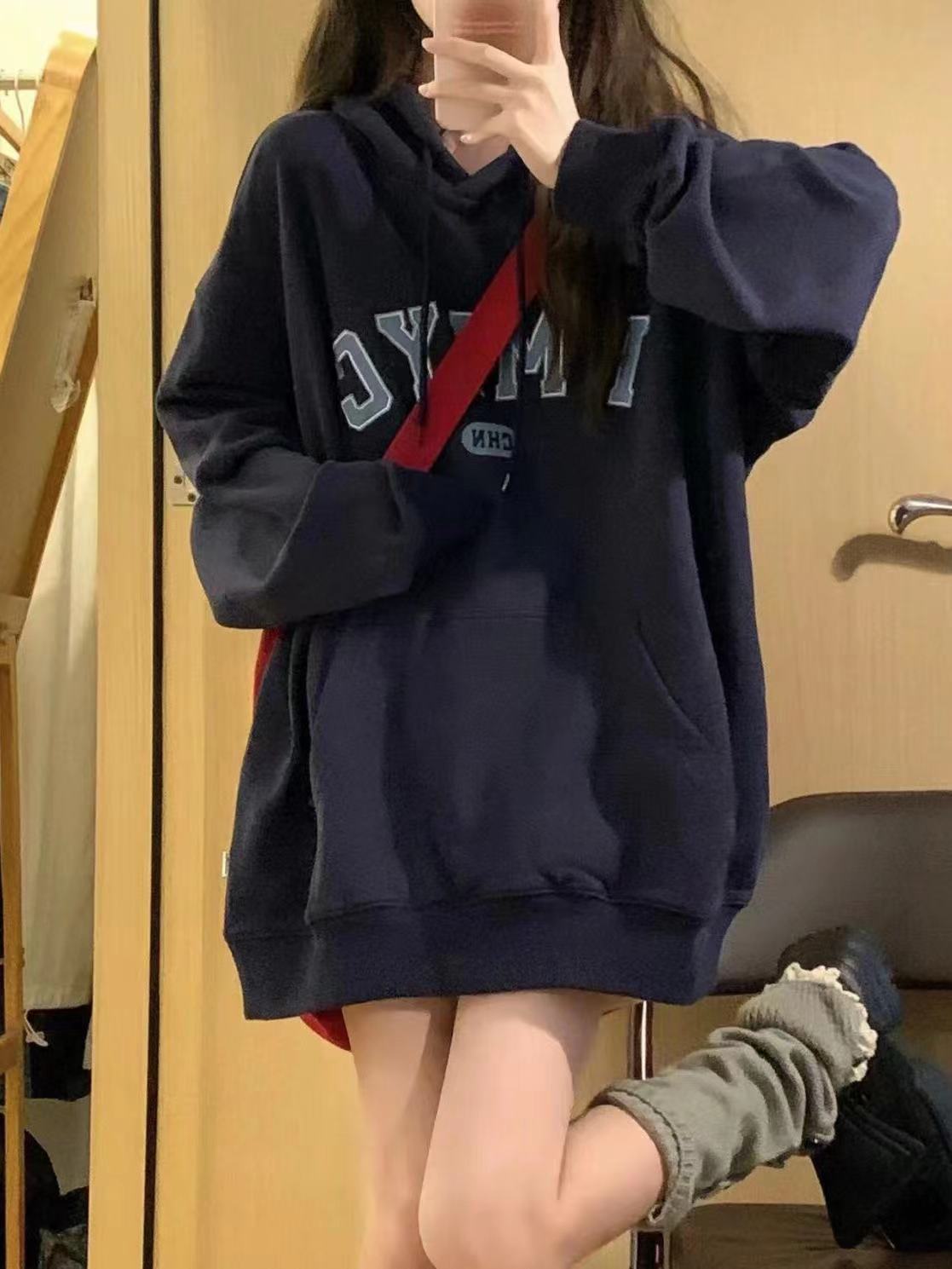 National trend brand navy blue hooded American hooded sweatshirt for women autumn and winter style plus velvet and thickened new long-sleeved letter print trend