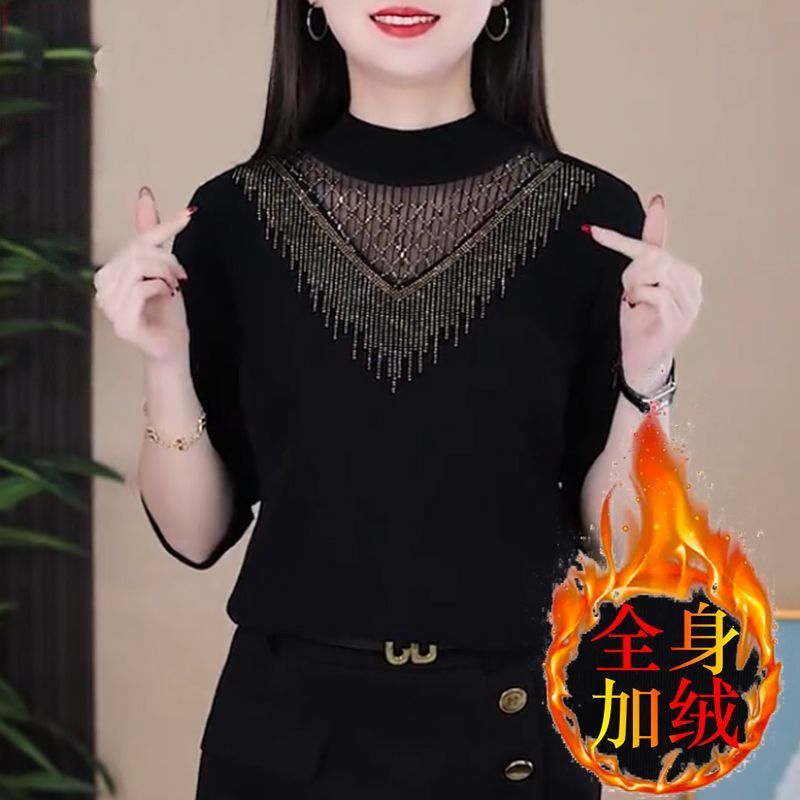 打底衫女新款保暖減齡秋冬加絨加厚洋氣中老年媽媽時尚圓領帶鑽