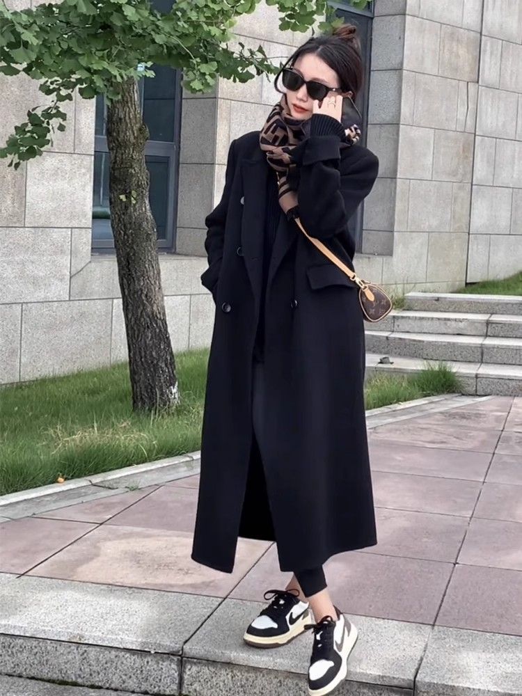 長款黑色呢子大衣女秋冬季毛呢外套韓系小個子高級感2023新款氣質