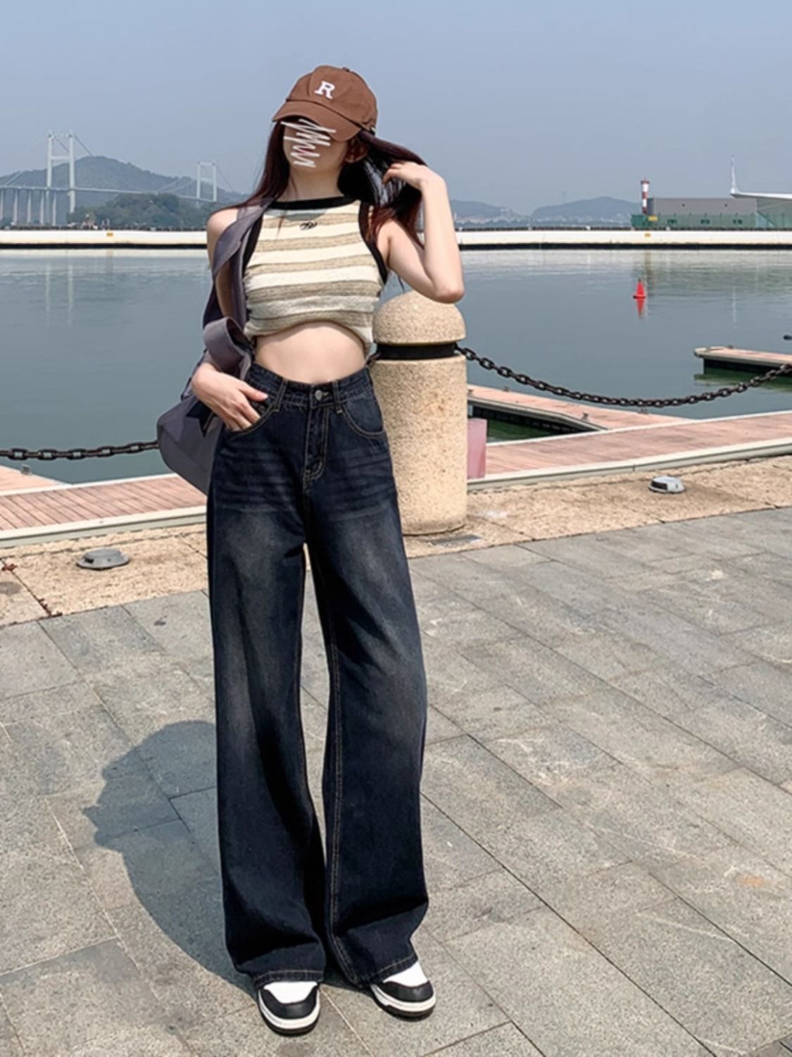 復古水洗高腰闊腿牛仔褲女秋冬新款寬鬆垂感遮胯顯瘦直筒拖地褲子