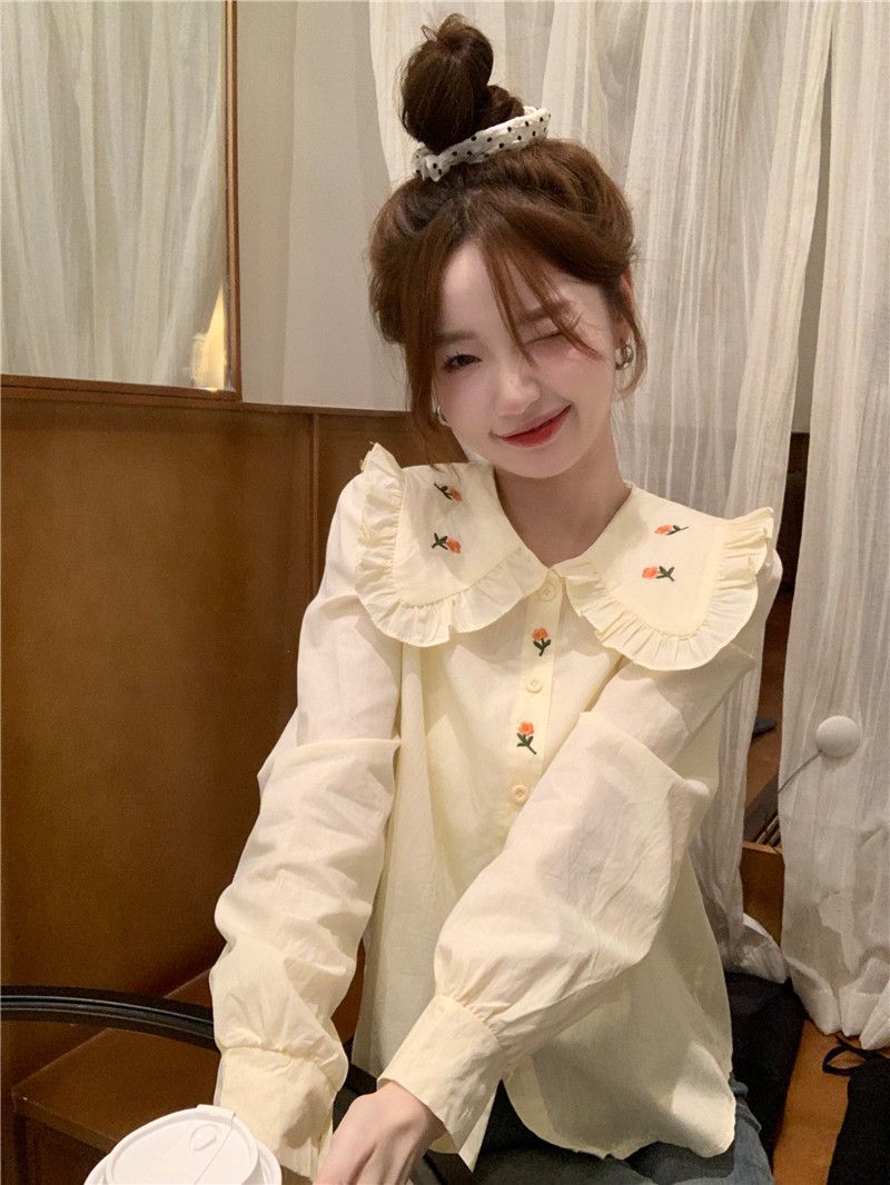 French sweet embroidery doll collar long-sleeved shirt women's  autumn new design niche chic top