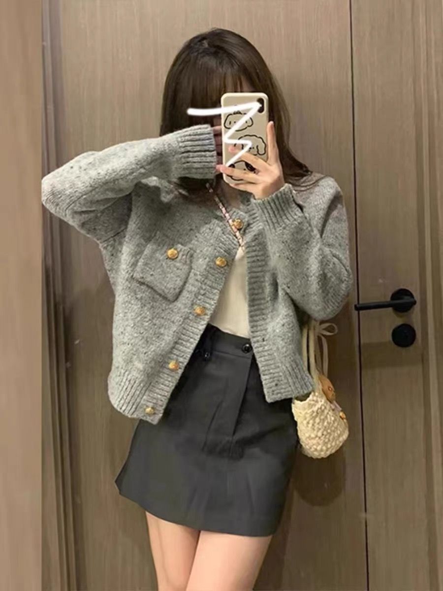 Retro lazy style gray knitted cardigan top for women autumn and winter new large size loose soft waxy sweater jacket