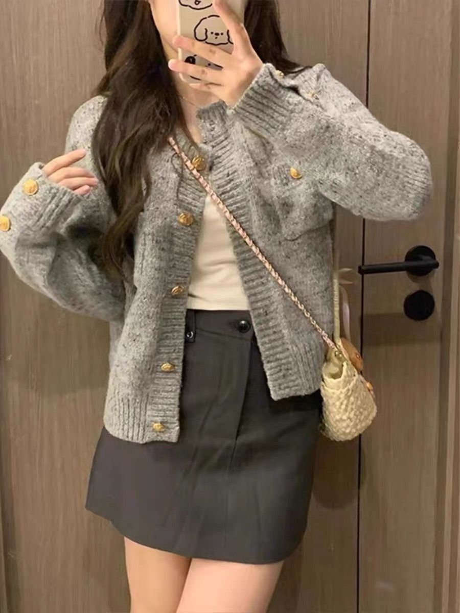 Retro lazy style gray knitted cardigan top for women autumn and winter new large size loose soft waxy sweater jacket