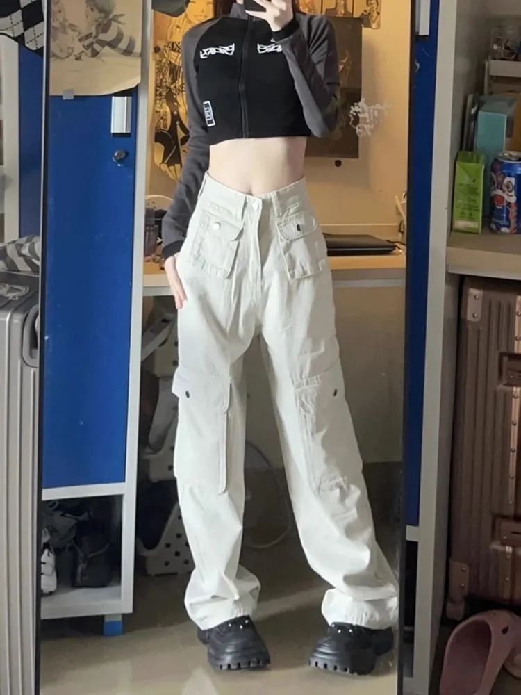 復古多口袋工裝褲子女秋冬新款美式高街直筒設計感寬鬆闊腿休閒褲