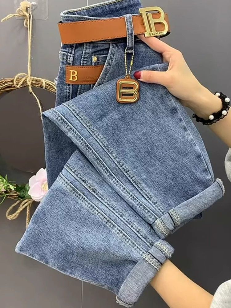 大碼女褲2023年秋冬季加絨新款高腰顯瘦牛仔褲寬鬆老爹褲哈倫褲