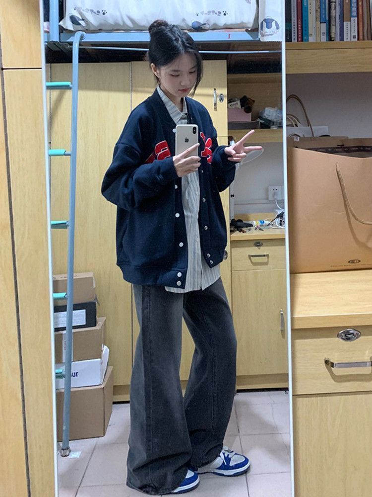 美式復古垂感牛仔褲女2023秋冬新款寬鬆闊腿褲時尚休閒直筒褲ins