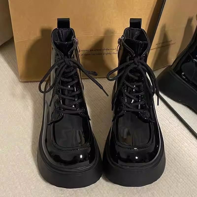 Student British style Martin boots versatile platform thick-soled big-head short boots 2023 autumn retro lace-up patent leather women's boots