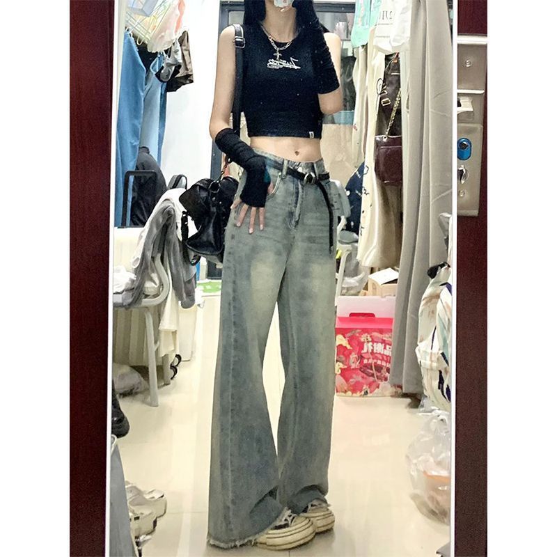 做舊黃泥直筒牛仔褲女秋季新款高腰寬鬆闊腿顯瘦百搭毛邊拖地褲子