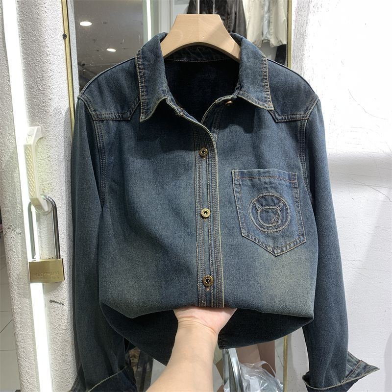歐貨復古牛仔襯衫女外套中長款加絨疊穿上衣2023秋季新款長袖襯衣