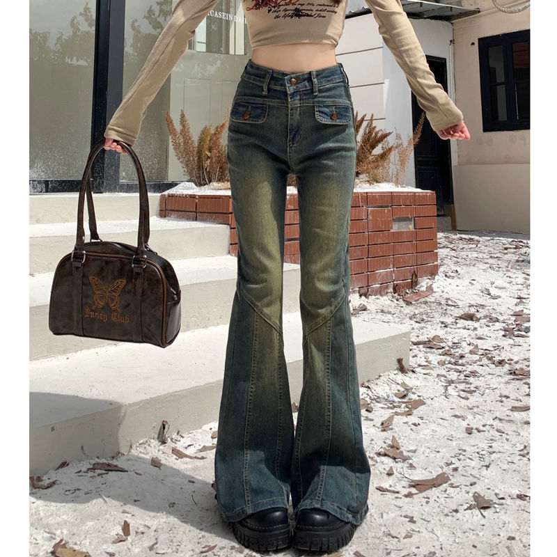 美式辣妹微喇叭牛仔褲女小個子復古做舊高腰彈力修身直筒拖地長褲