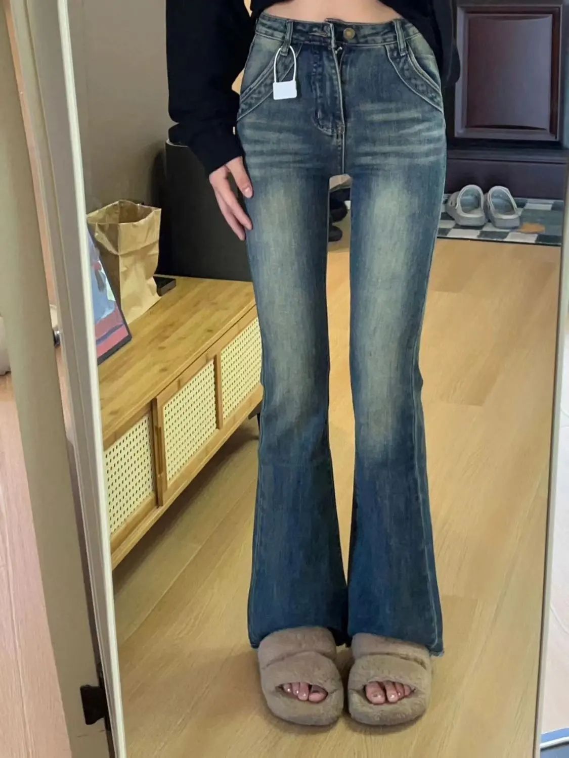 復古藍高腰喇叭褲2023年春秋新款直筒彈力微喇牛仔褲女顯瘦拖地褲