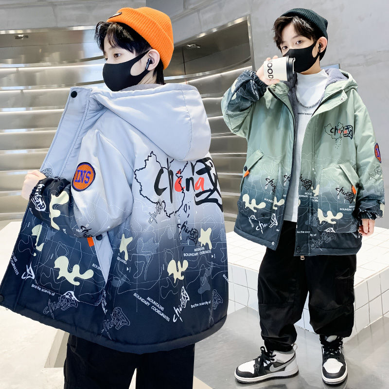 男童外套秋冬款2023新款兒童冬裝加絨加厚時髦帥氣連帽棉服風衣潮