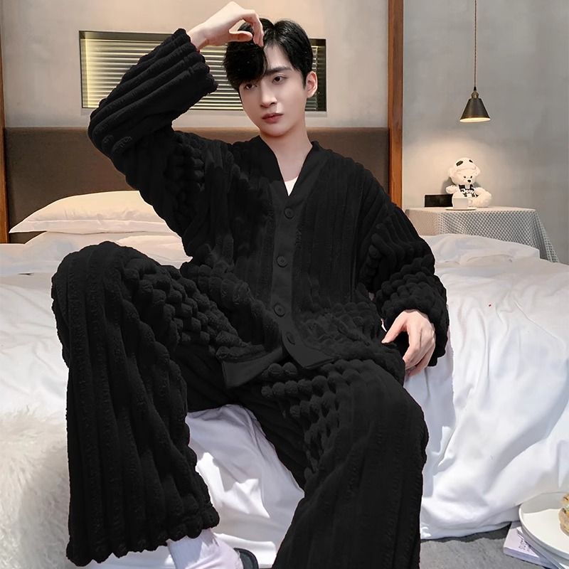 珊瑚絨男士高檔睡衣秋冬季加厚加絨男款青少年大碼冬天家居服套裝
