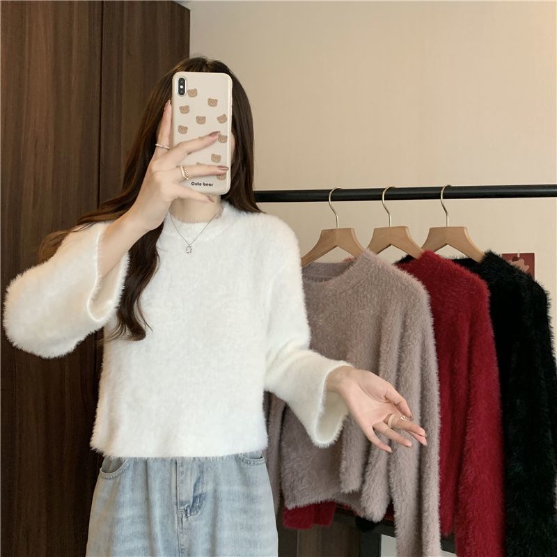 秋冬季內搭短款軟糯仿水貂絨白色套頭毛衣女小個子高腰針織衫上衣