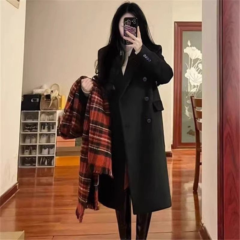 黑色毛呢外套女2023年秋冬新款韓版過膝赫本風呢子大衣中長款加厚