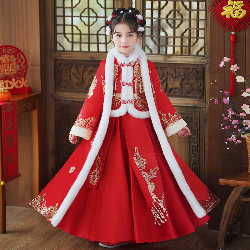 漢服女童冬款拜年服加絨加厚兒童冬季加絨中國風女寶唐裝秋冬裙子