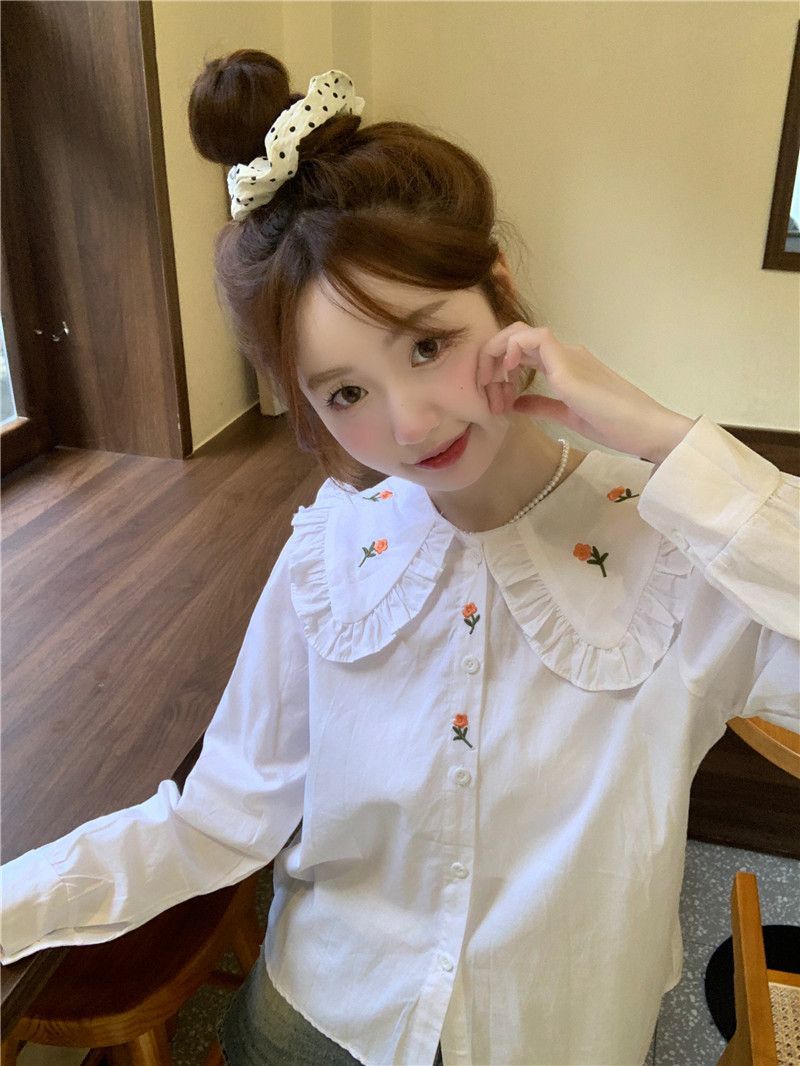 French sweet embroidery doll collar long-sleeved shirt women's  autumn new design niche chic top