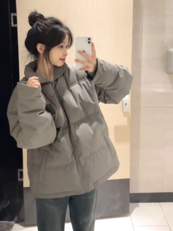 Gray printed stand-up collar cotton jacket for female students in winter, sweet college style, loose and versatile bread coat trend