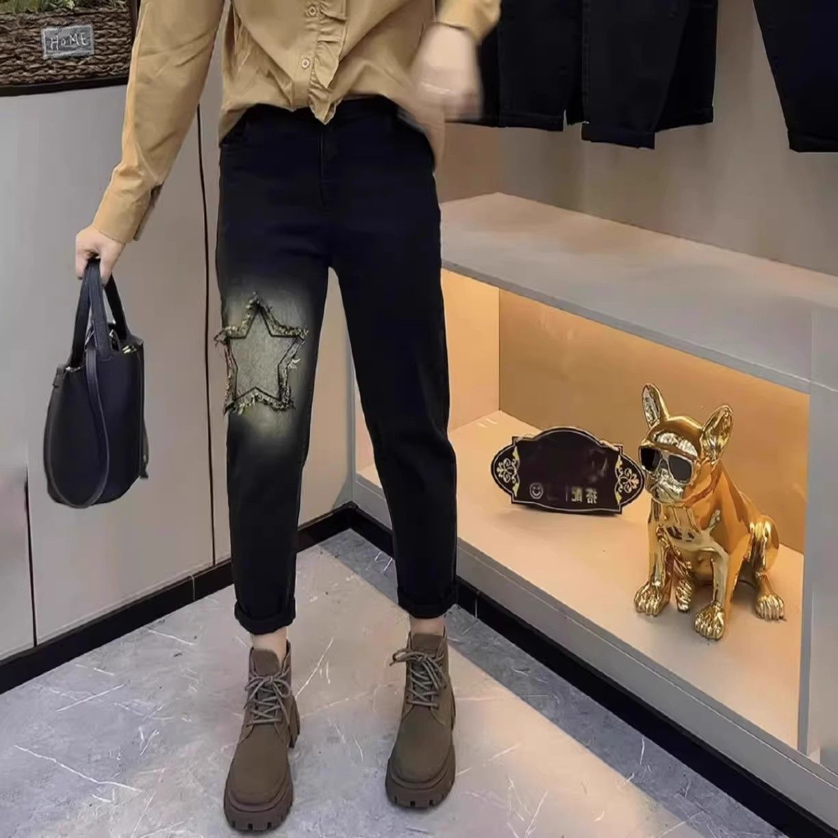 歐貨秋冬洋氣星星做舊刺繡彈力高腰牛仔褲女哈倫九分老爹褲子潮