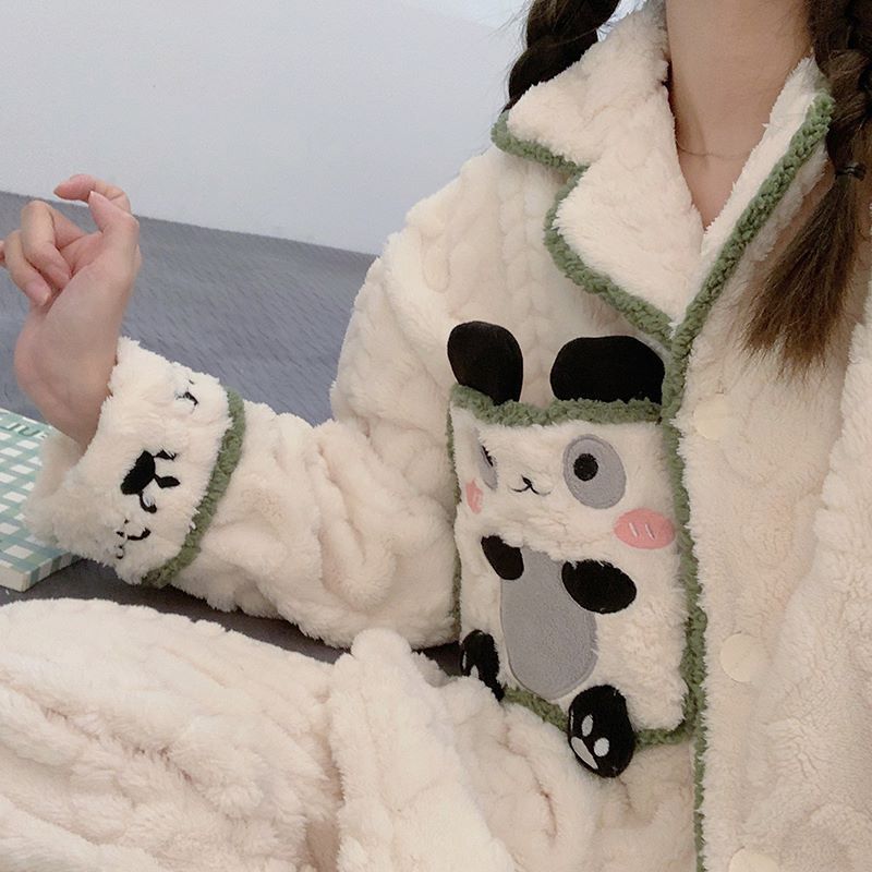 珊瑚絨睡衣女冬季加厚加絨保暖法蘭絨2023新款學生家居服套裝冬天