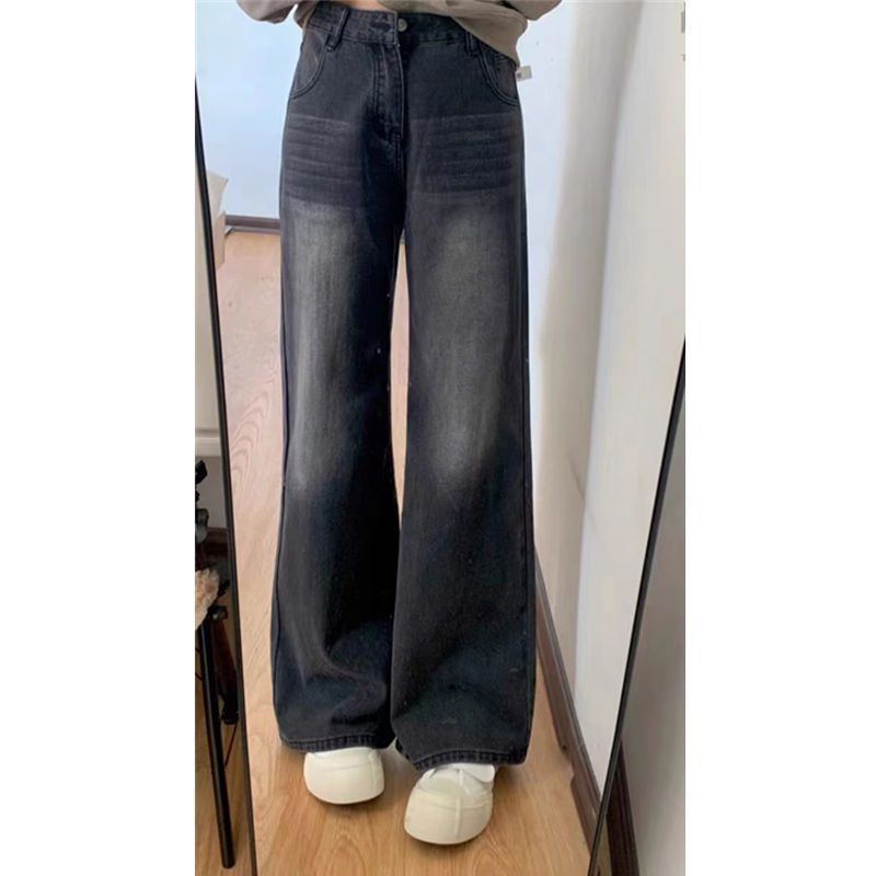 美式高腰垂感小個子牛仔褲女辣妹學生寬鬆長褲秋冬新款闊腿老爹褲