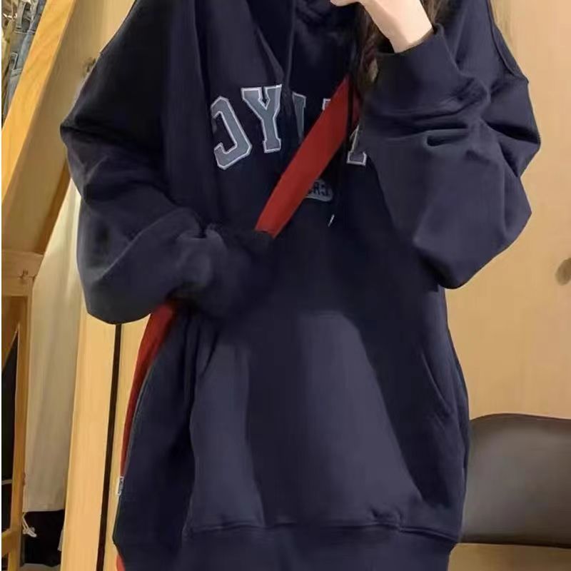 National trend brand navy blue hooded American hooded sweatshirt for women autumn and winter style plus velvet and thickened new long-sleeved letter print trend