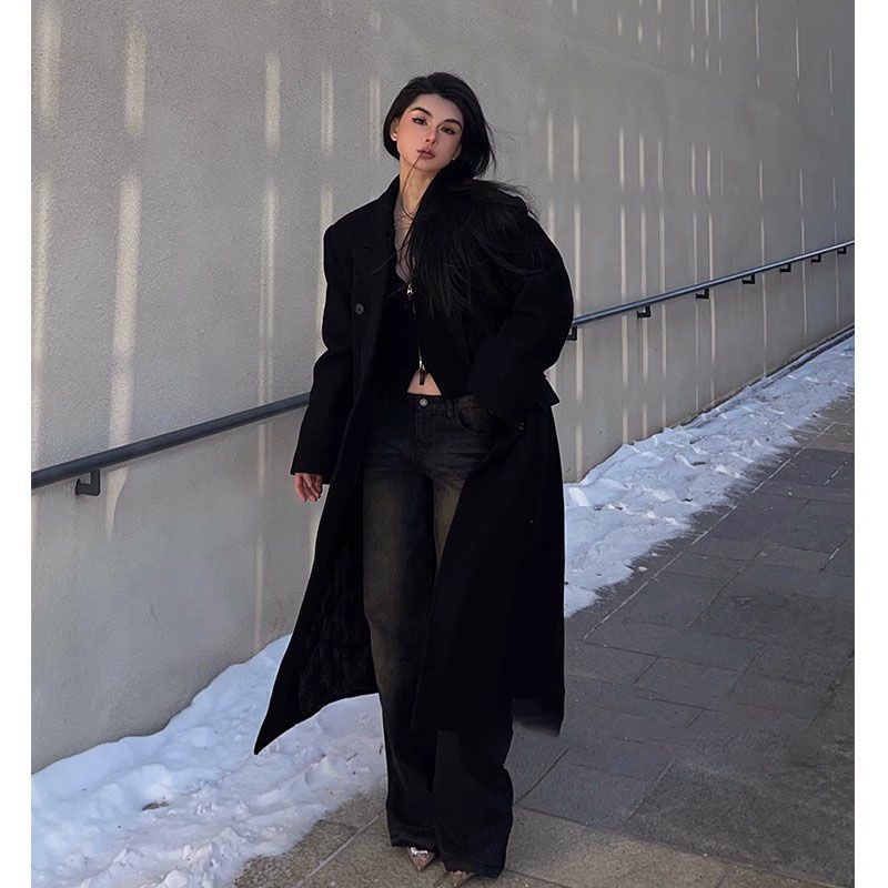 高級感黑色毛呢外套女2023年新款秋冬季小個子中長款呢子大衣加厚