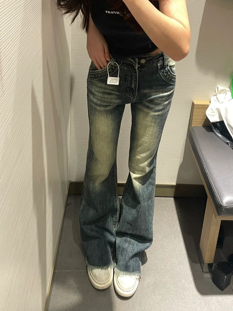 做舊復古微喇叭牛仔褲女小個子秋季高腰修身顯瘦設計感毛邊馬蹄褲