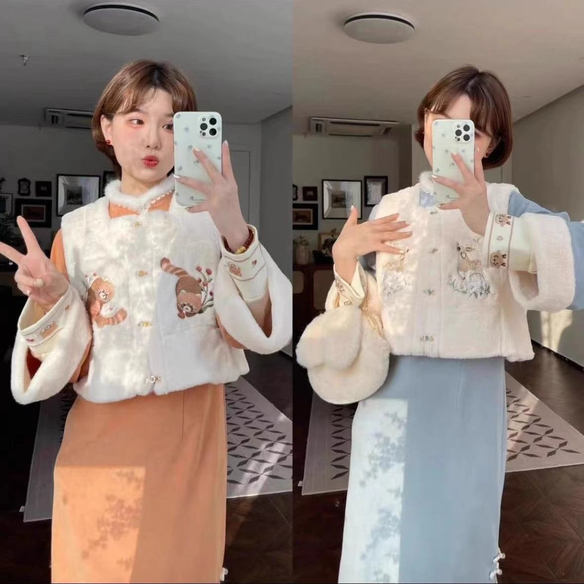 柿柿如意-2023年冬季新款加絨加厚新中式刺繡馬甲+連衣裙兩件套女