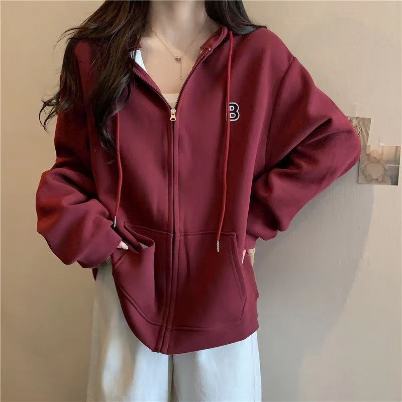 Heavyweight pure cotton autumn and winter style plus velvet and thickened letter embroidery loose hooded sweatshirt women's zipper cardigan versatile jacket