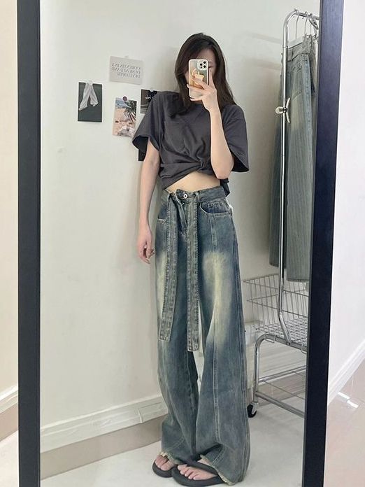美式復古綁帶毛邊直筒牛仔褲女秋季新款高腰顯瘦寬鬆垂感闊腿長褲