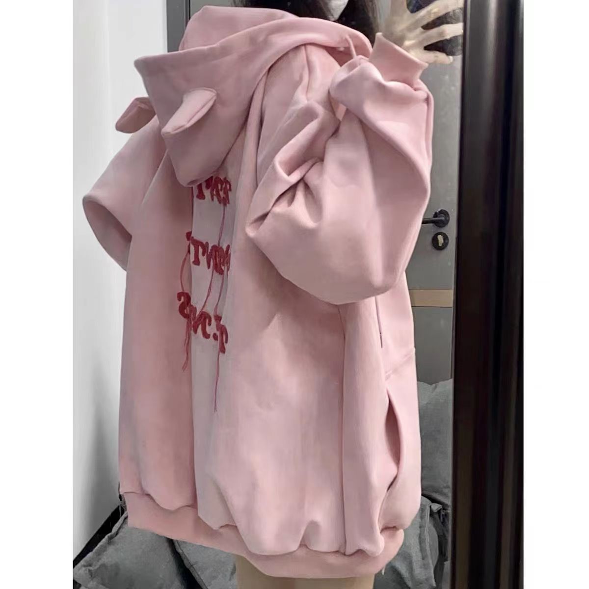Heavy cotton cute pink little devil horn hooded cardigan sweatshirt for women spring and autumn lazy style zipper jacket