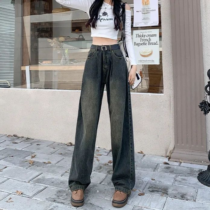 水泥灰復古闊腿牛仔褲女2023年秋季新款高腰寬鬆顯瘦直筒拖地褲子
