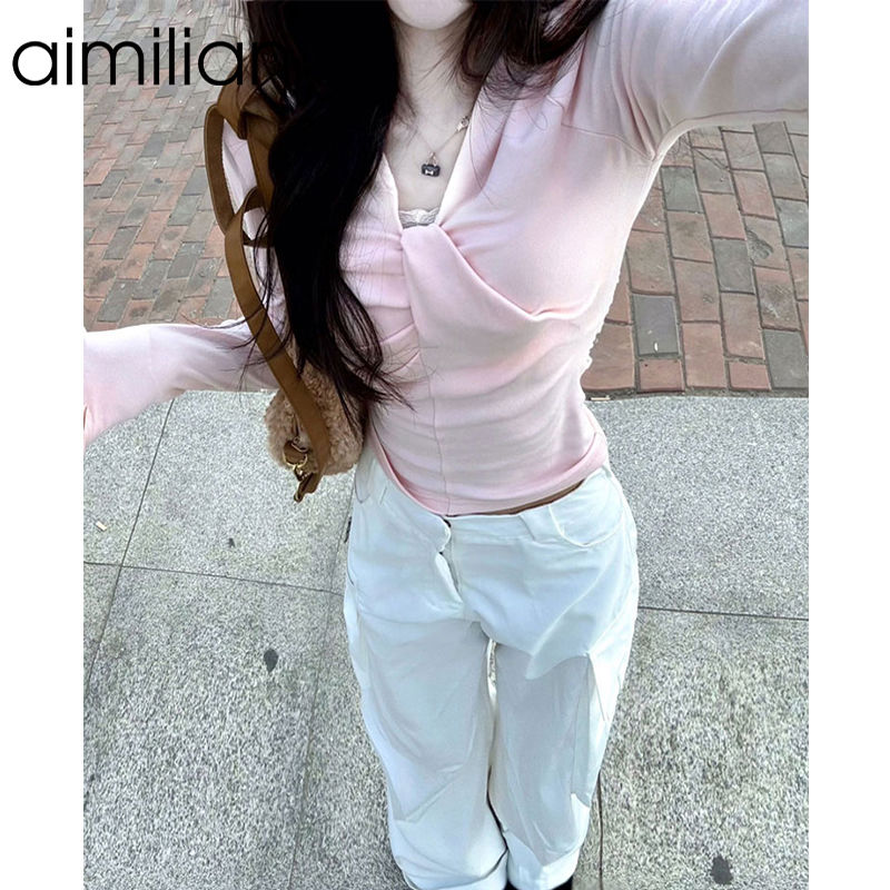 aimilian純欲風辣妹粉色V領打底衫女春秋冬內搭修身顯瘦長袖上衣