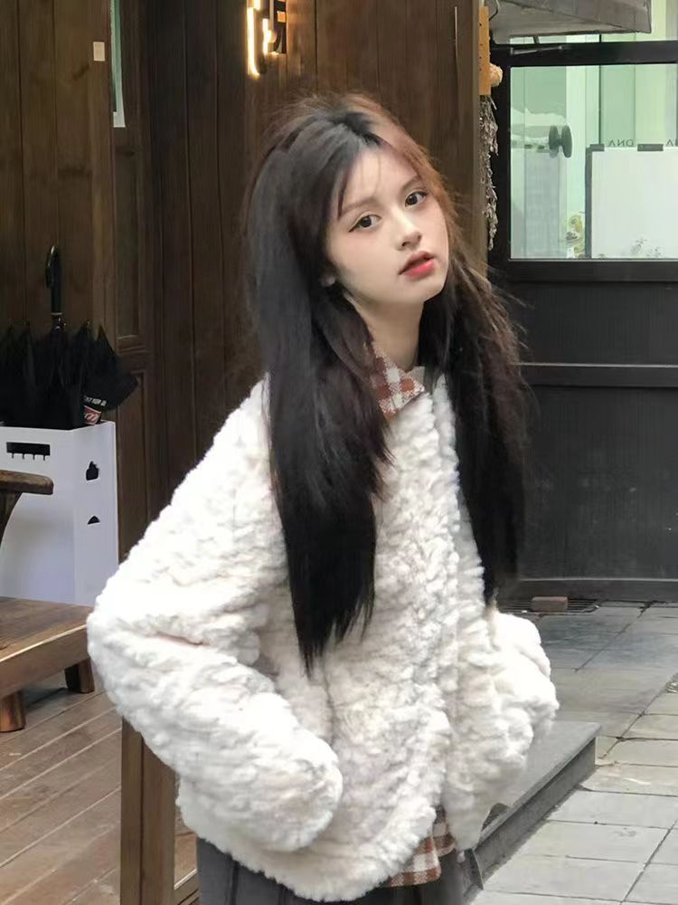 2023秋冬羊羔毛外套女甜美小個子拼接棋盤格環保皮草獺兔毛絨加厚