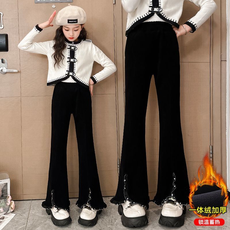 女童加絨喇叭褲冬季2023新款中大童洋氣花邊開叉褲子兒童加厚長褲