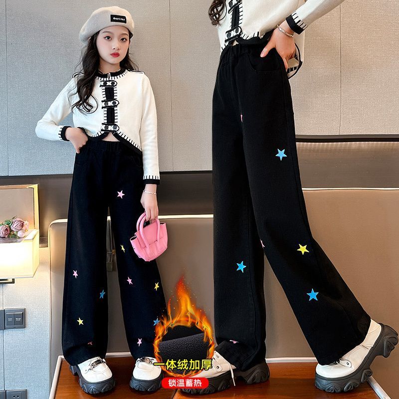 女童加絨牛仔褲秋冬裝洋氣寬鬆闊腿褲2023新款中大童冬季時髦褲子
