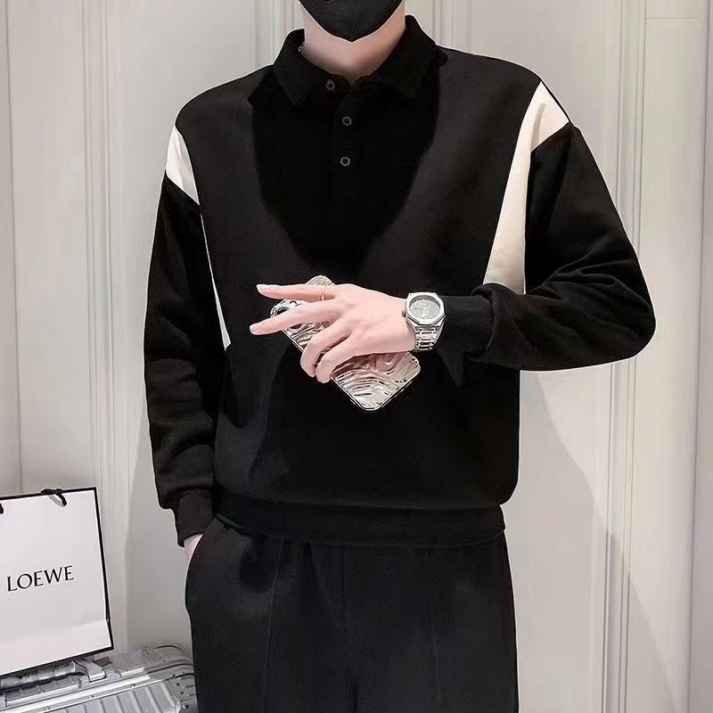 新款衛衣男2023秋冬痞帥潮牌拼色翻領Polo衫潮流百搭長袖上衣1/2