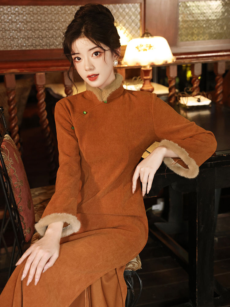 新中式旗袍冬季加絨加厚長款冬款2023新款女長袖敬酒服新娘連衣裙