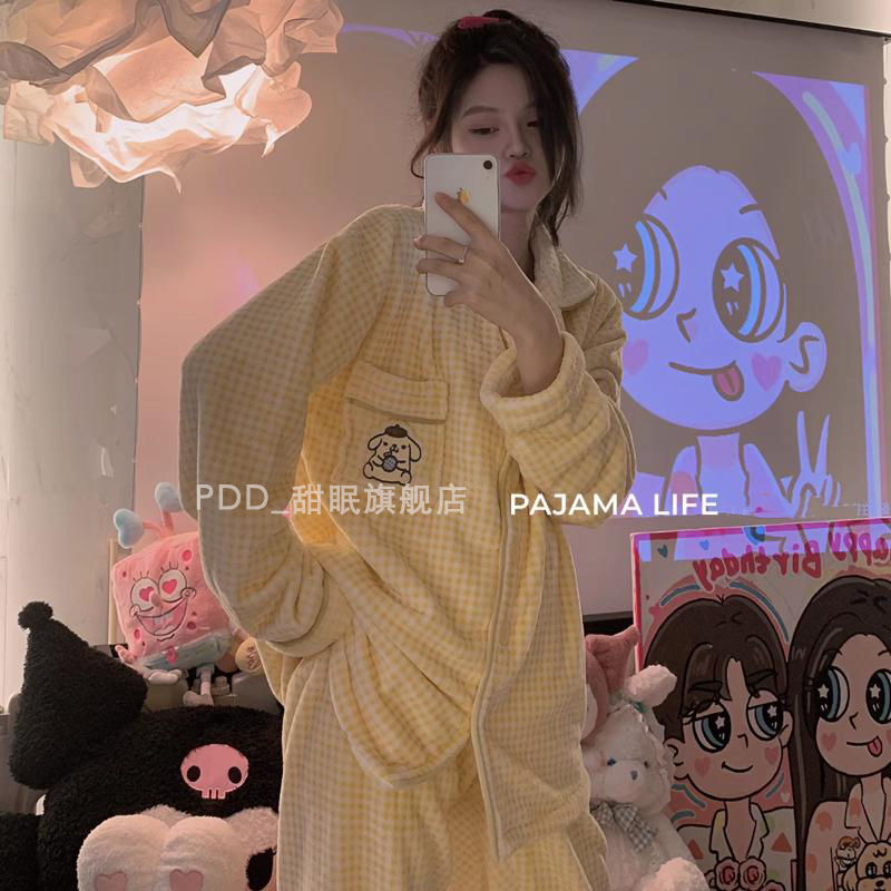 睡衣女秋冬珊瑚绒加绒加厚ins可爱KT猫少女宿舍法兰绒家居服套装